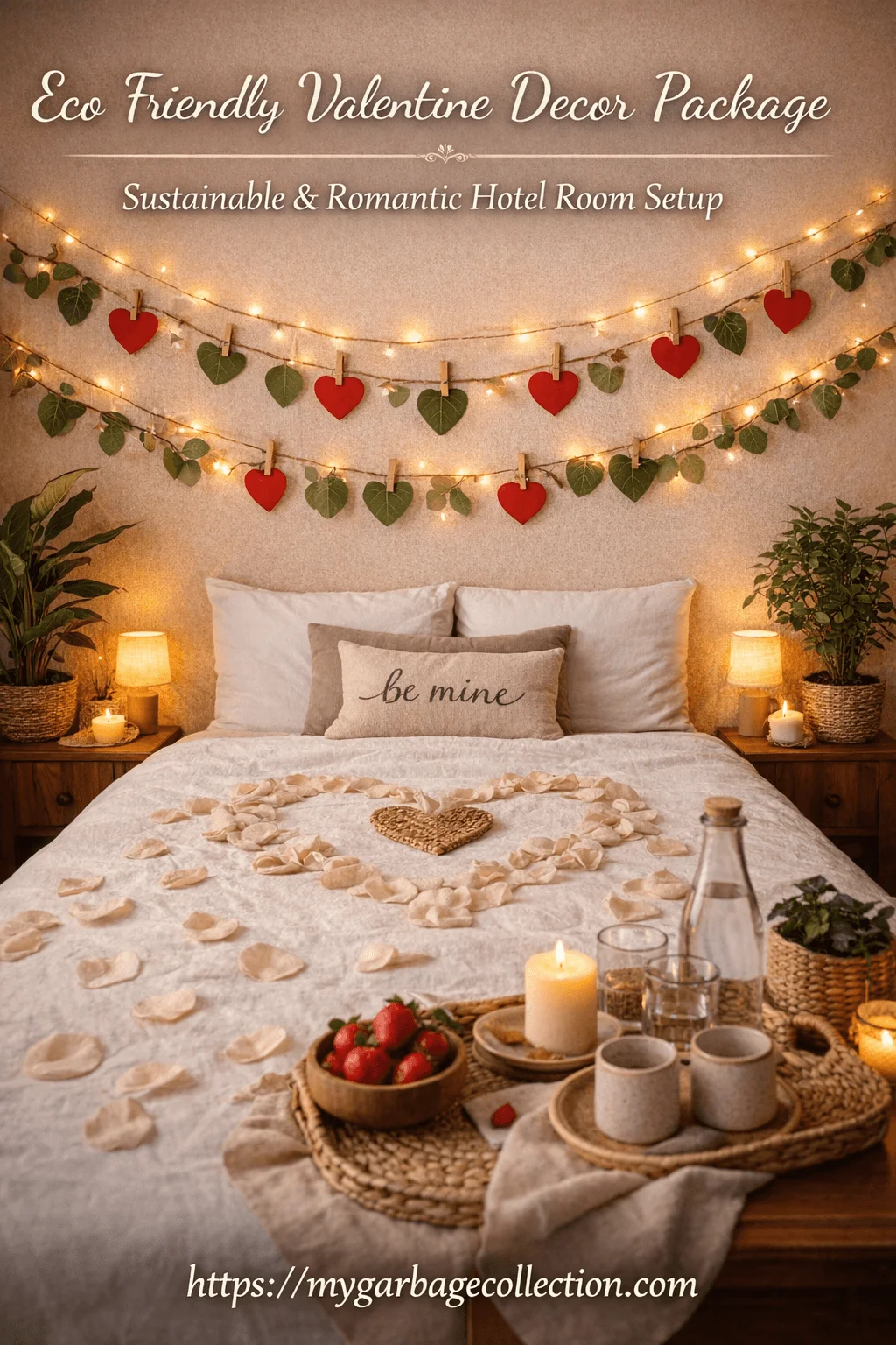 Eco friendly Valentine hotel room decor with sustainable heart garlands natural candles reusable rose petals cozy bedding and romantic setup promoting green luxury celebration
