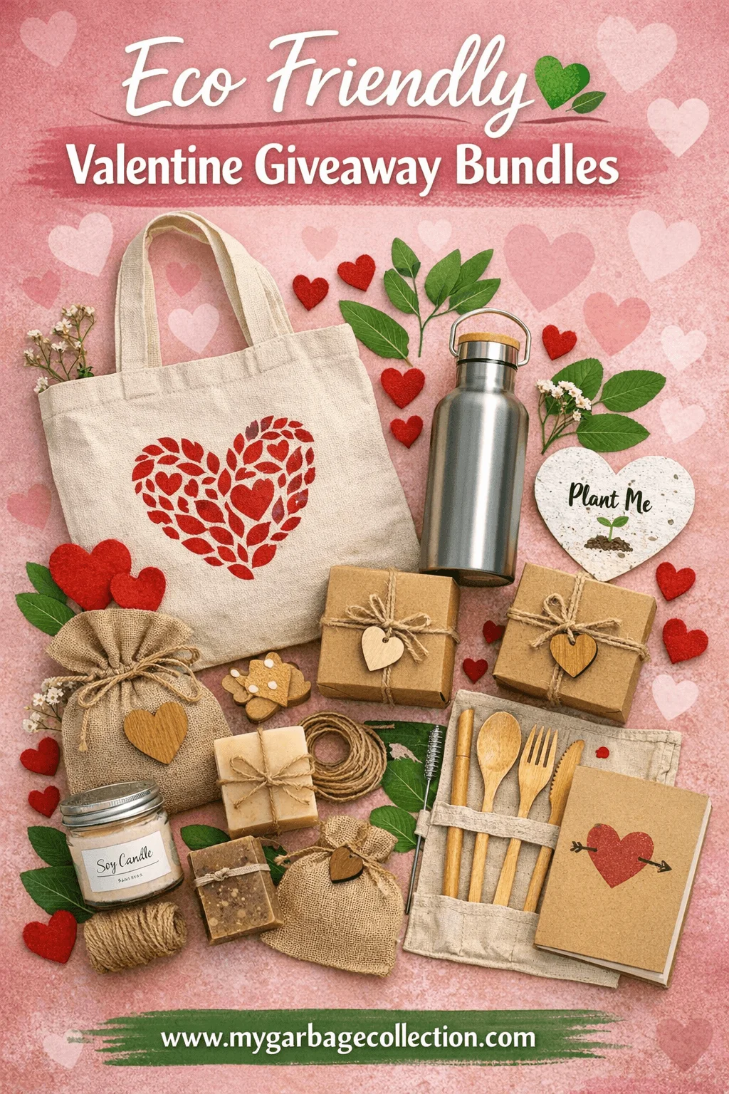 Eco friendly Valentine giveaway bundles featuring reusable tote bag stainless steel bottle plantable heart card soy candle handmade soap wooden cutlery natural packaging red heart accents and sustainable gifts arranged on a pink background with a website URL at the bottom