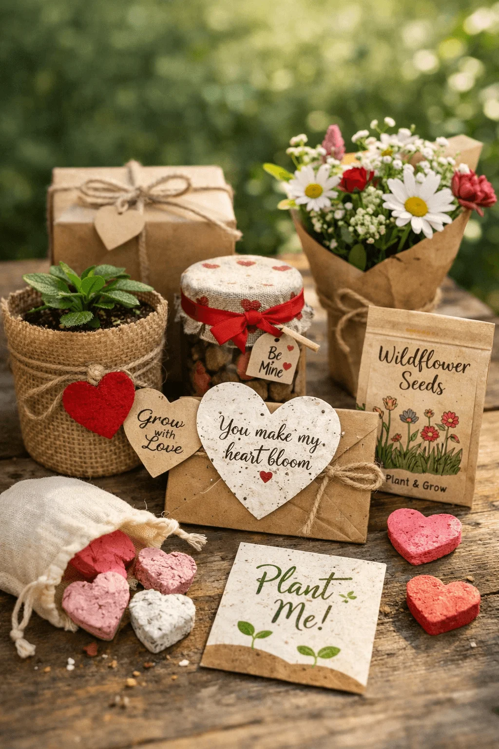 Eco friendly Valentine gifts with seed packets, potted plants, heart shaped seed paper, and rustic wrapped packages on a wooden table.