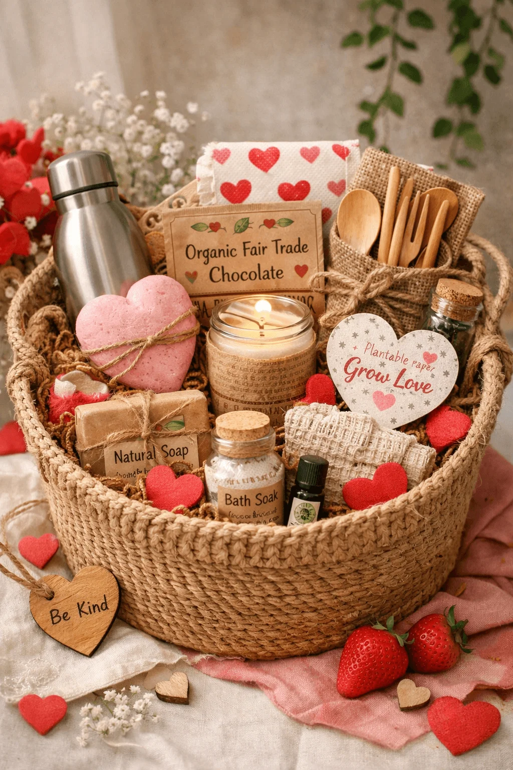 eco friendly Valentine gift basket with organic chocolate natural soap bath soak candles reusable bottle bamboo utensils and heart decorations arranged in a woven basket with strawberries and flowers nearby