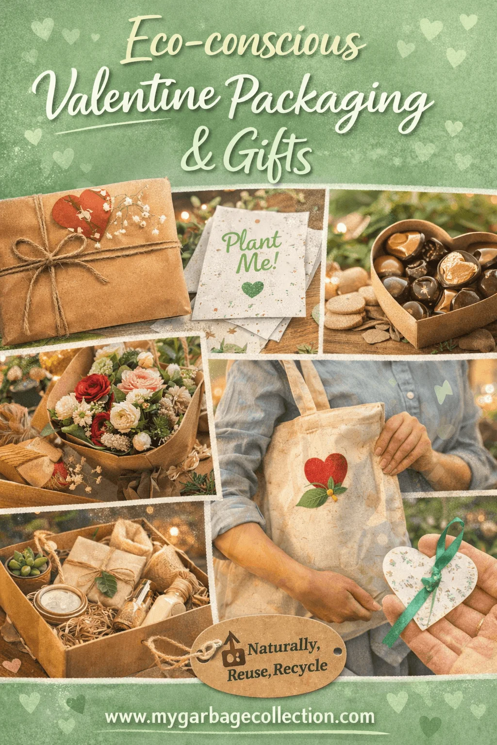 Eco conscious Valentine packaging and gifts featuring sustainable wrapping reusable fabric bags recycled paper boxes plantable seed cards natural chocolates flowers and environmentally friendly gift ideas