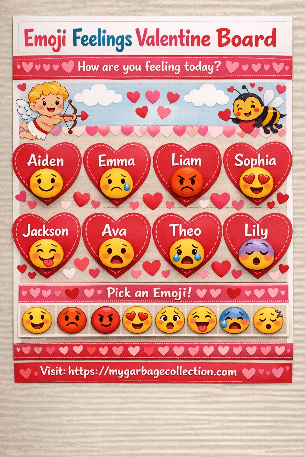 Emoji feelings Valentine board for preschool showing heart shaped name cards with emotion emojis interactive how are you feeling today display colorful classroom decor and social emotional learning activity for kids