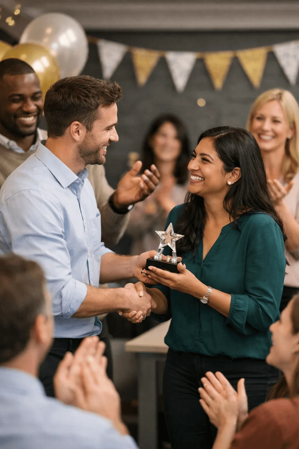 Smiling employee receiving a star shaped award from a coworker while colleagues applaud in a decorated office setting