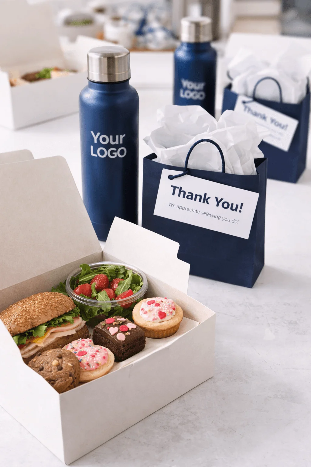 Employee appreciation lunch box with sandwich salad desserts and branded water bottles in thank you gift bags