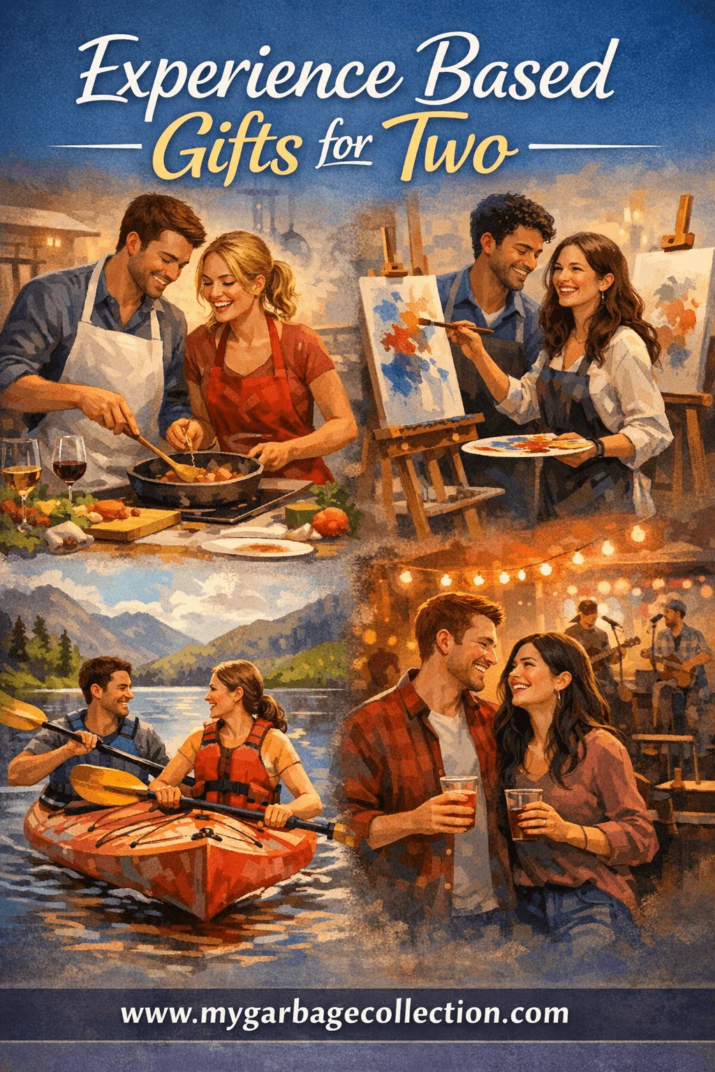 Illustration showing experience based gifts for two with couples cooking together painting on canvases kayaking on a lake and enjoying live music and drinks with text reading experience based gifts for two and a website link at the bottom