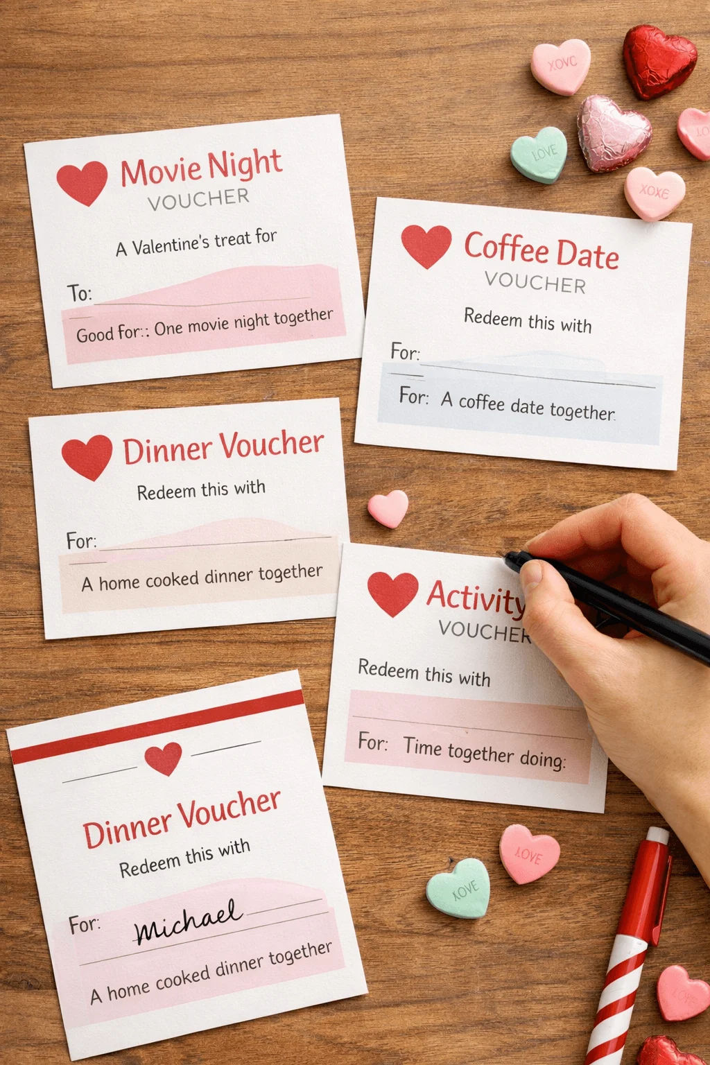Valentine voucher cards for movie night, coffee date, dinner, and activities on a wooden table with heart shaped candies and a hand writing on a card.