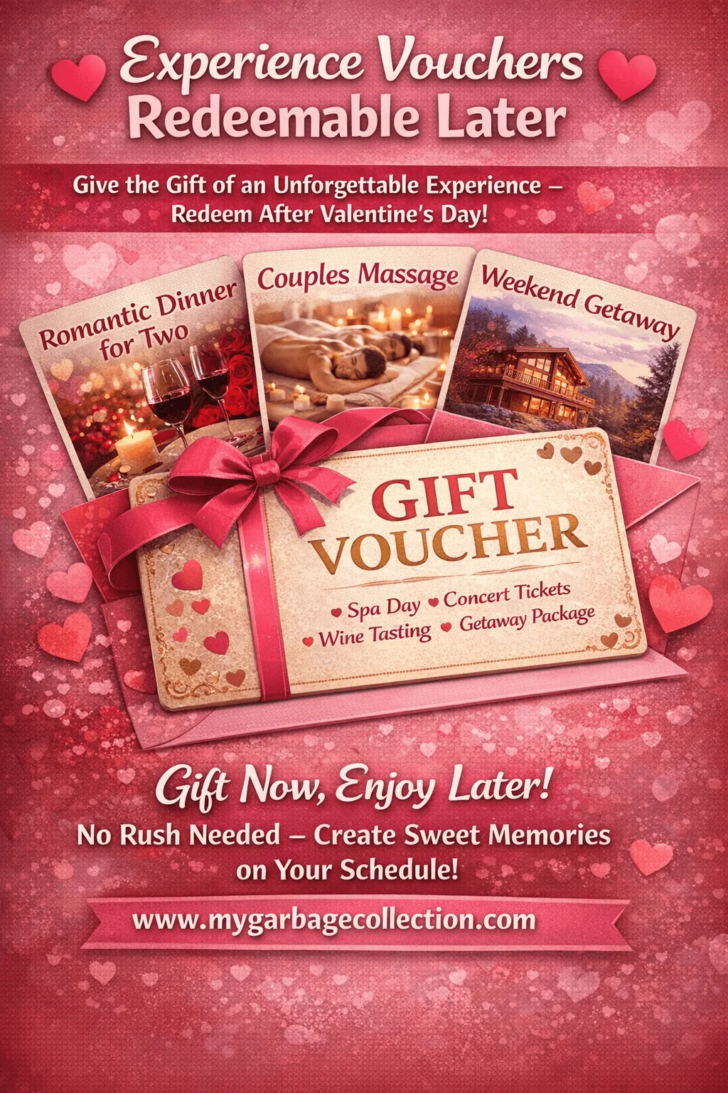 experience vouchers redeemable later valentine gift featuring romantic dinner couples massage weekend getaway and gift voucher concept with hearts and pink background