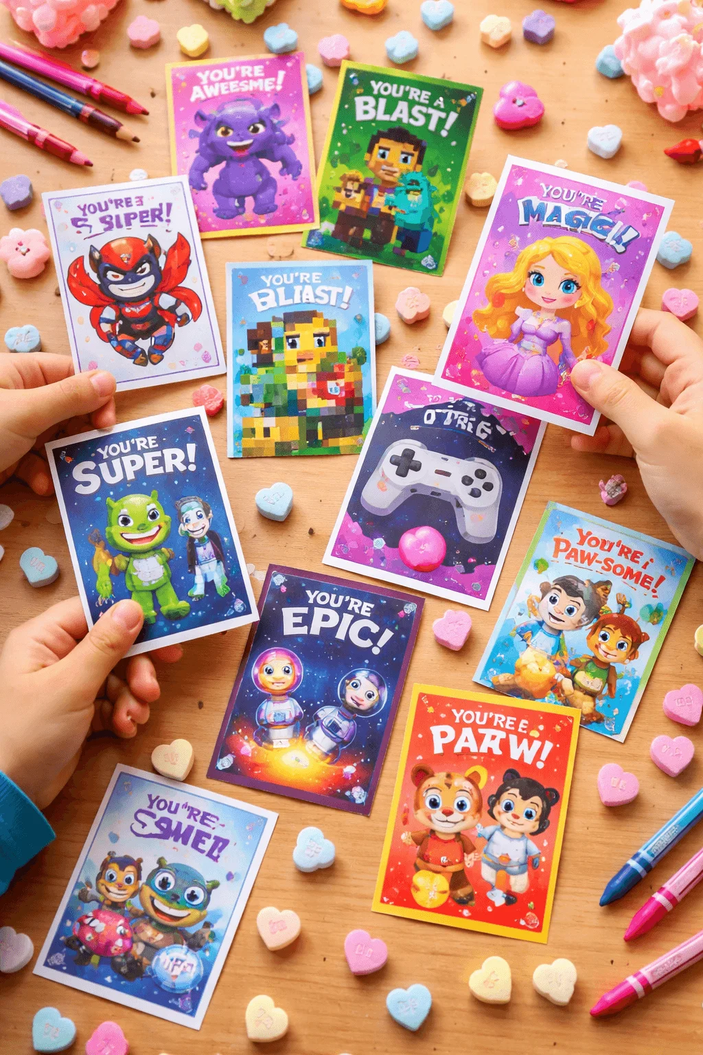 Hands holding colorful fandom themed Valentine cards with characters monsters superheroes princesses gamers and space explorers surrounded by heart candies and crayons on a wooden table