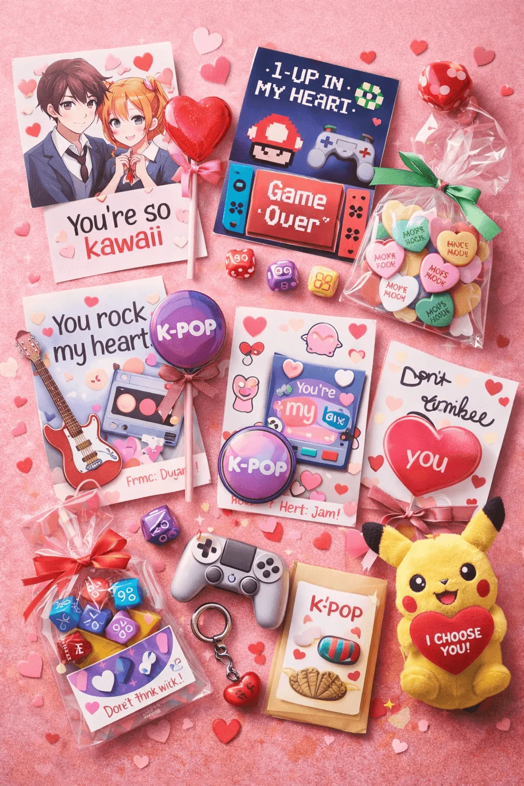 This image shows fandom-themed Valentine grams, including anime-style couple cards, gaming-themed cards (“1-Up in My Heart,” “Game Over”), K-pop lollipops, dice bags, a game controller keychain, candy hearts, and a plush character holding a heart that says “I choose you,” all arranged on a pink background with scattered hearts.