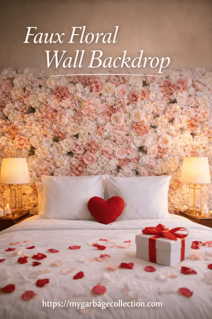 Romantic hotel bedroom with faux floral wall backdrop soft pink and white flowers heart pillow rose petals gift box and warm Valentine ambiance