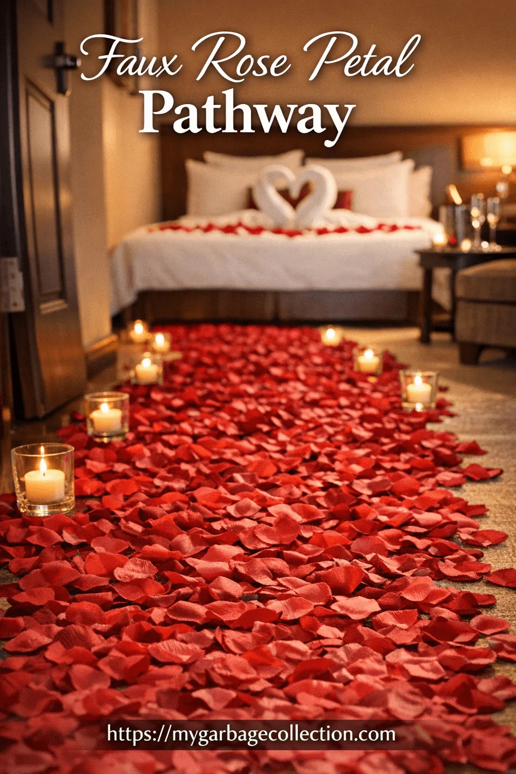 Romantic hotel room entrance with faux rose petal pathway leading to bed candlelight glowing heart towel decor creating an intimate Valentine surprise atmosphere