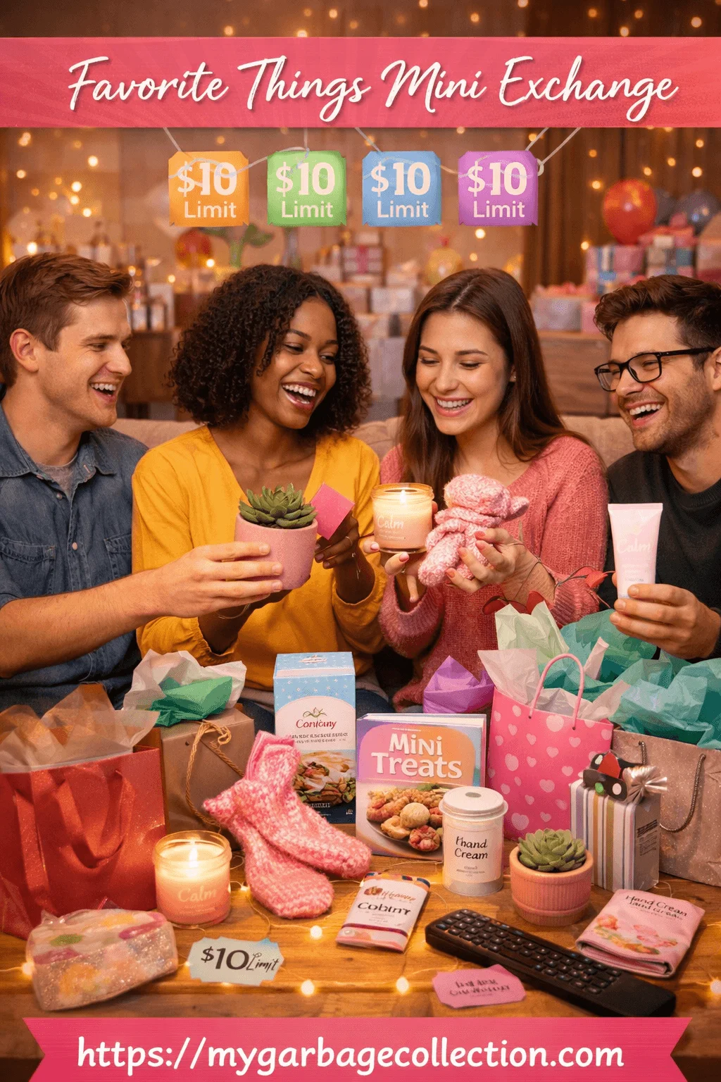 Friends laughing together during a favorite things mini gift exchange holding cozy items like candles socks plants snacks and self care treats with colorful gift bags and decorations creating a fun budget friendly celebration of friendship at home