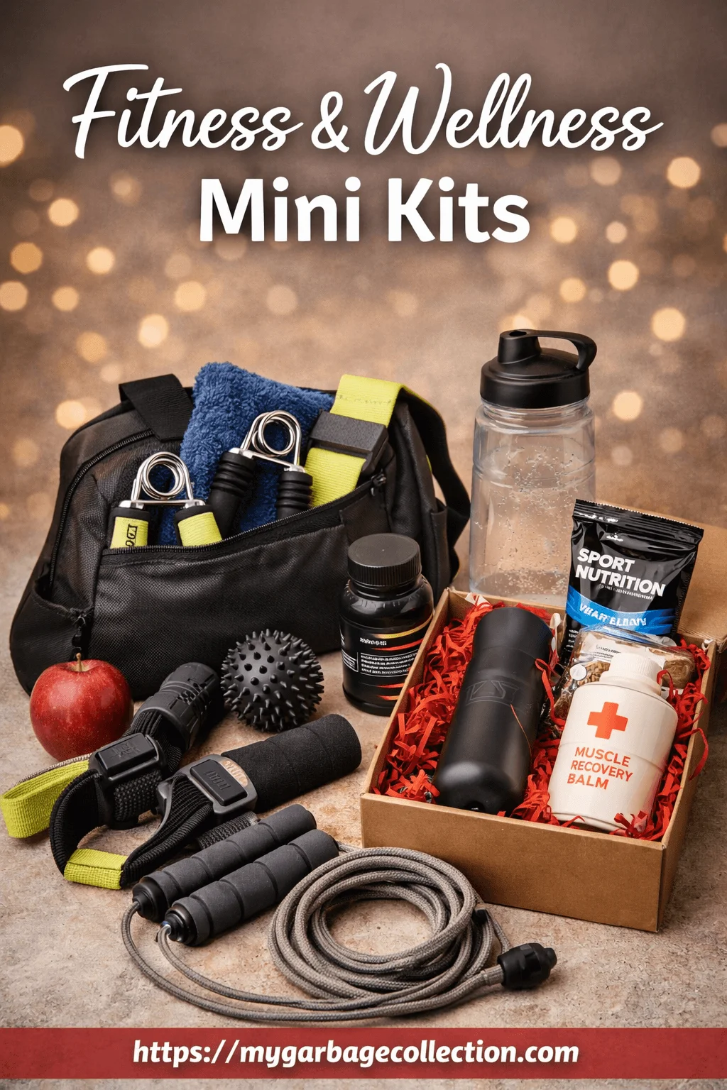 Fitness and wellness mini kits displayed on a surface featuring a gym bag with resistance bands jump rope hand grips towel massage ball apple water bottle protein snacks muscle recovery balm and supplements arranged neatly with text reading fitness and wellness mini kits at the top and a website link at the bottom