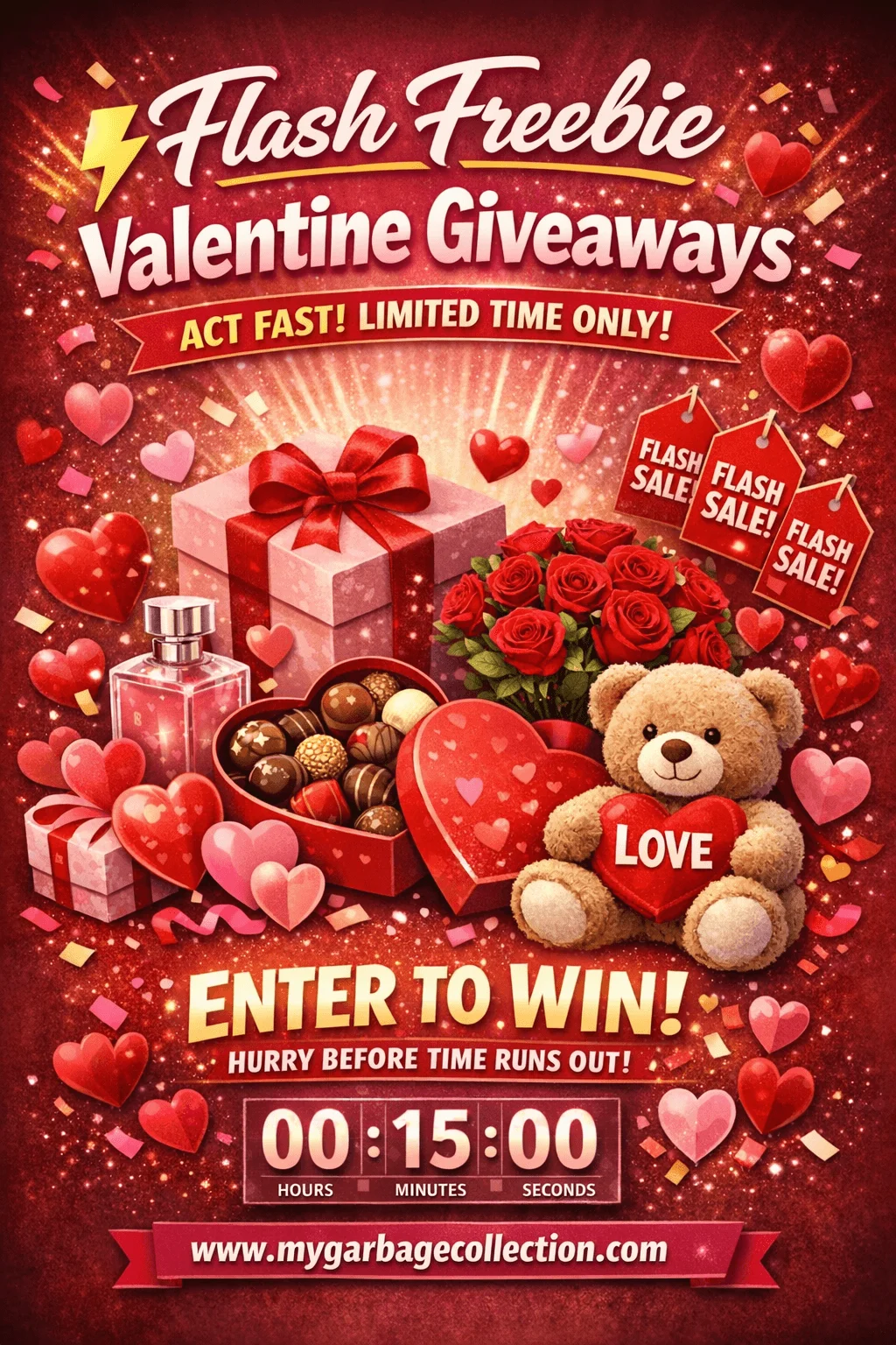 Flash freebie Valentine giveaways featuring gift box chocolates perfume roses teddy bear heart decorations countdown timer sale tags festive red background and a website URL at the bottom