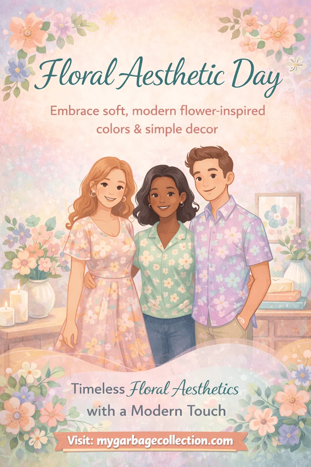 Floral Aesthetic Day illustration featuring friends in soft pastel floral outfits surrounded by modern flower decor gentle colors candles and elegant Valentine spirit week vibes celebrating timeless floral style with a fresh modern touch