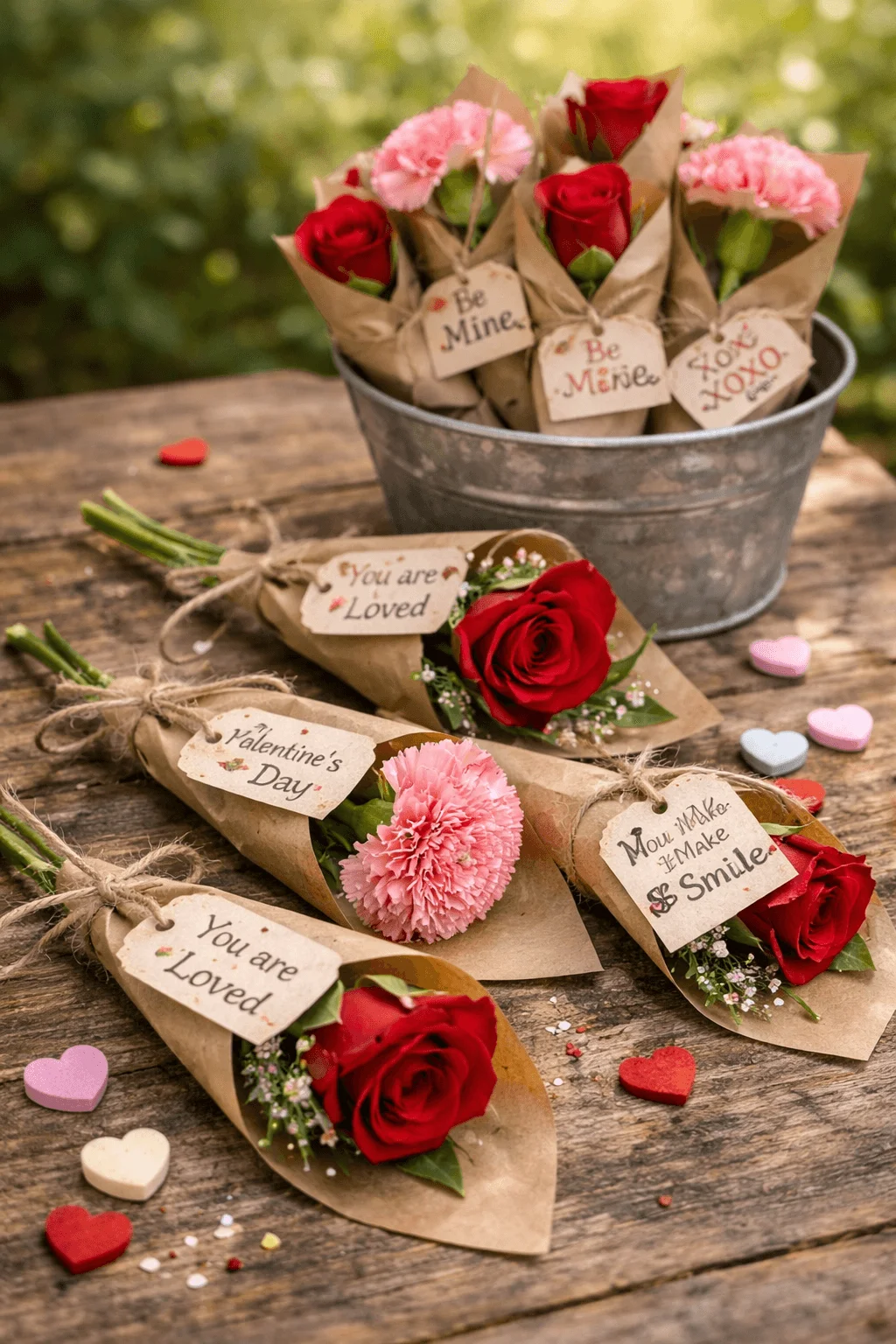 Wrapped single flower Valentine grams featuring red roses and pink carnations tied with twine and sweet tags like “You are Loved,” “Be Mine,” and “XOXO,” displayed in a rustic bucket and on a wooden table.