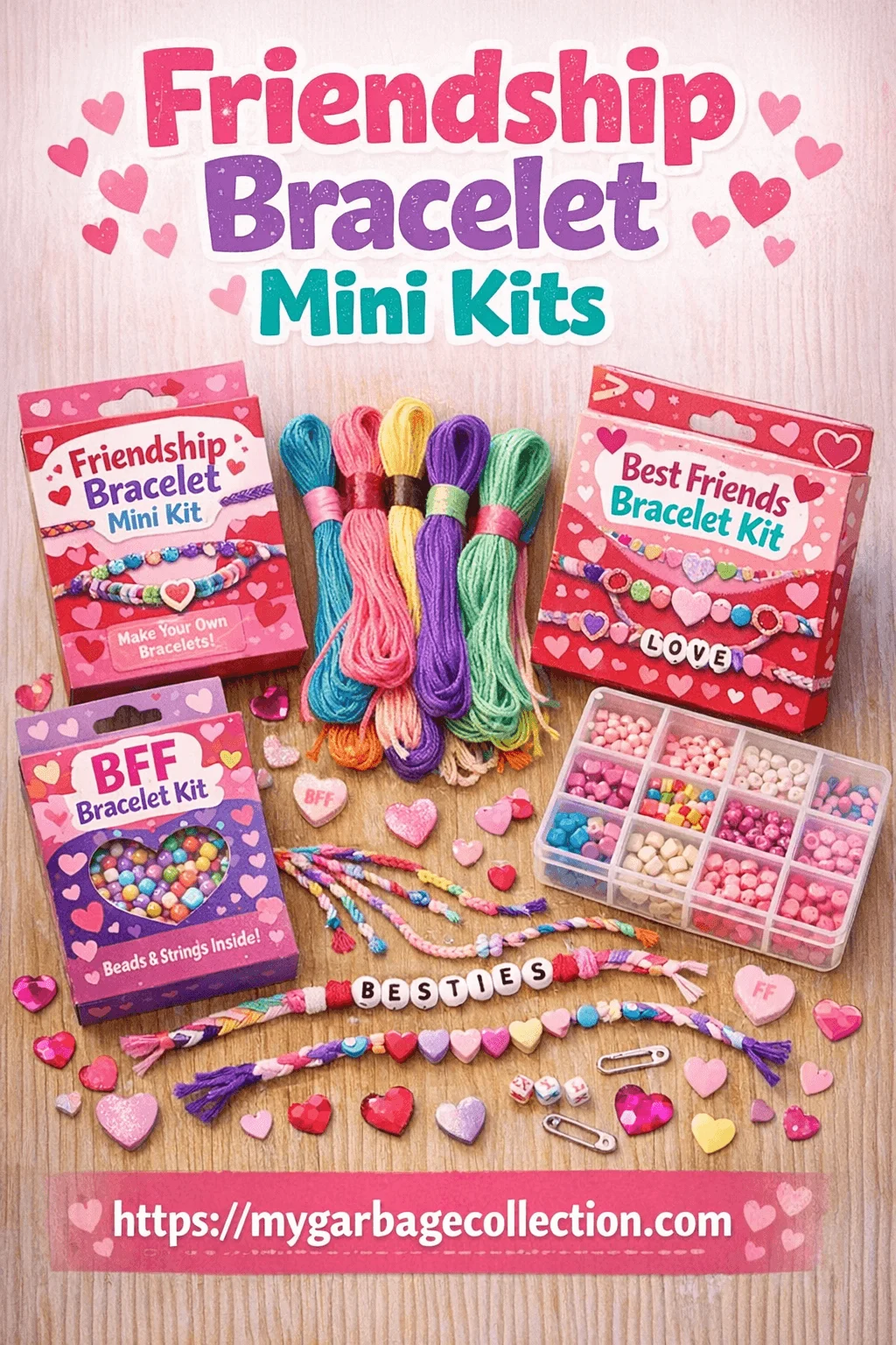 Friendship bracelet mini kits featuring colorful beads strings and DIY bracelet supplies for Valentine classroom goodie bags and kids craft gifts