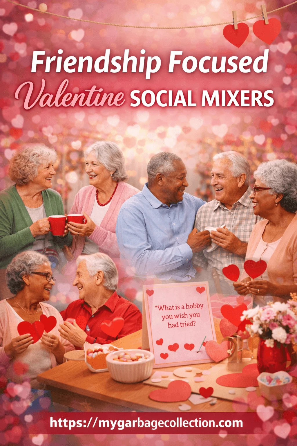 Friendship focused Valentine social mixers showing seniors chatting laughing and enjoying warm drinks while connecting through conversation cards and heart themed activities in a festive welcoming setting