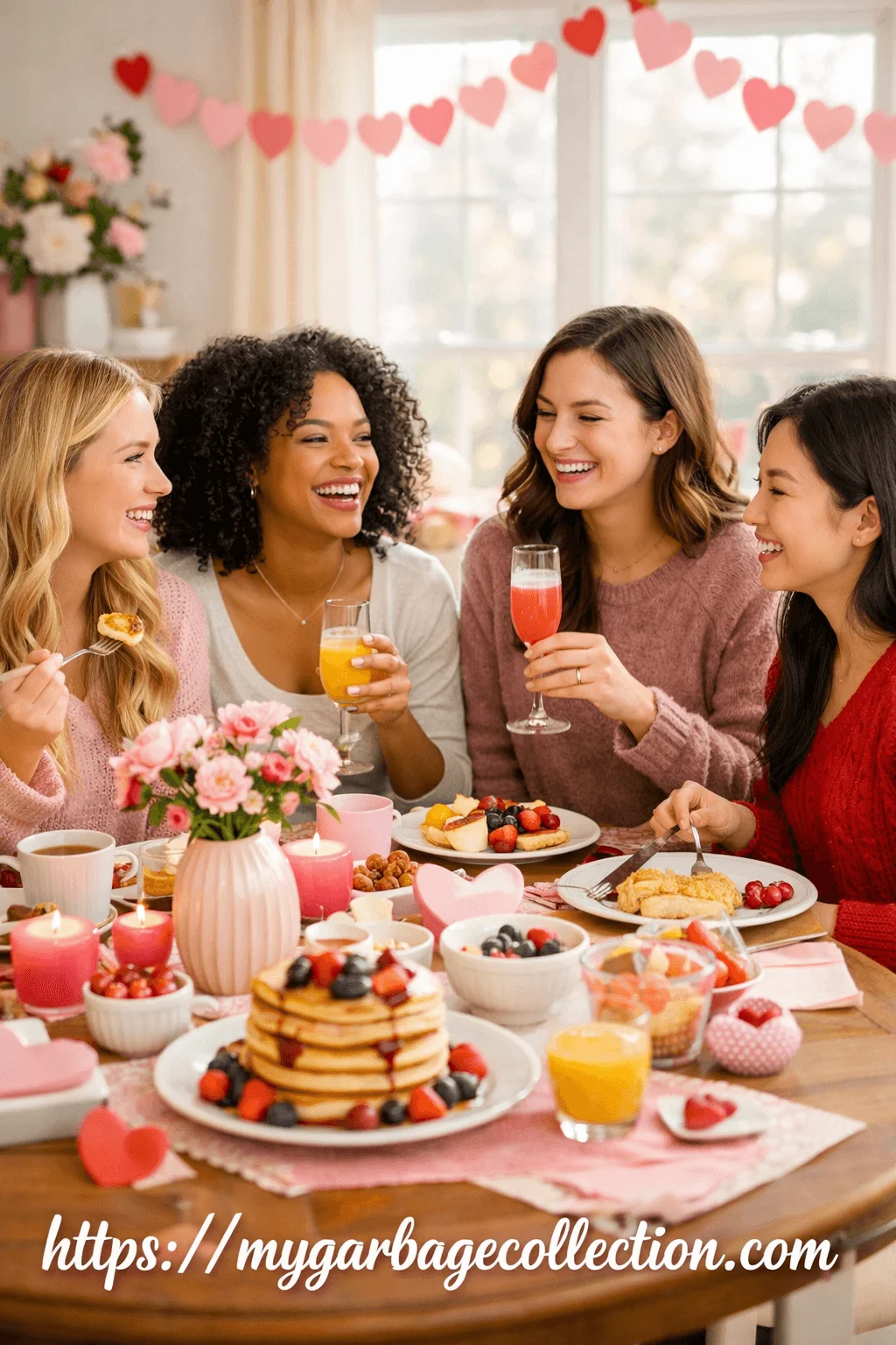Friends enjoying a cheerful brunch at home with pancakes fresh fruit and mimosas while laughing together around a decorated table with pink hearts candles and flowers celebrating friendship and Galentines Day