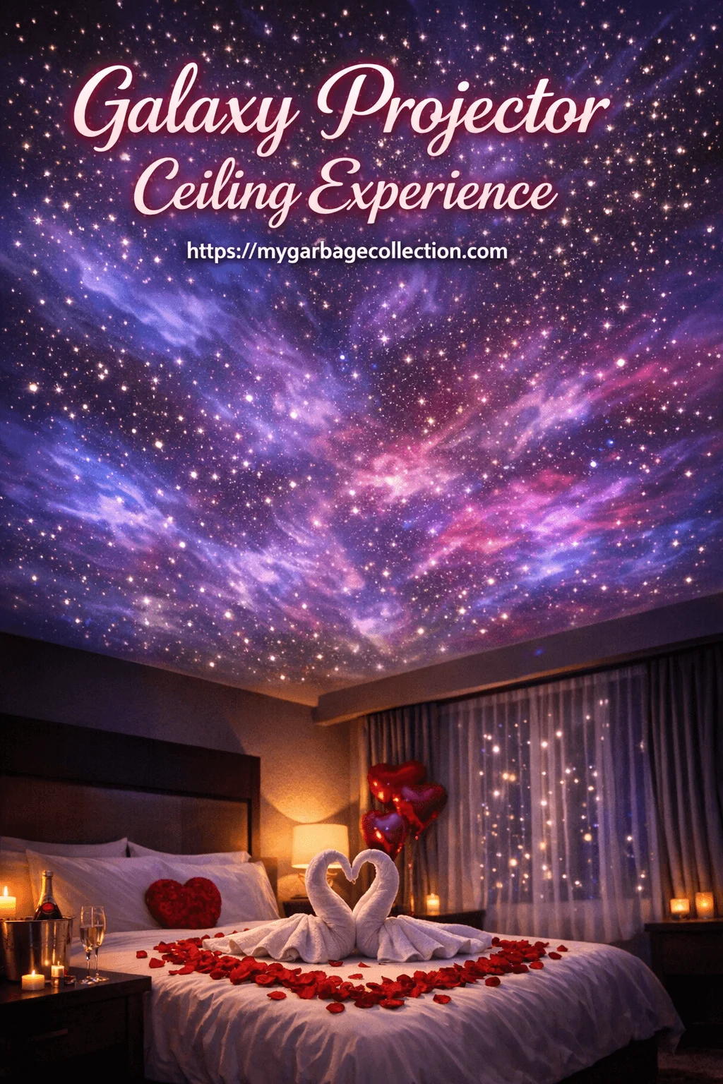 Romantic hotel bedroom with galaxy projector ceiling starry lights heart shaped towel swans rose petals candles champagne and glowing heart balloons creating a dreamy Valentines atmosphere