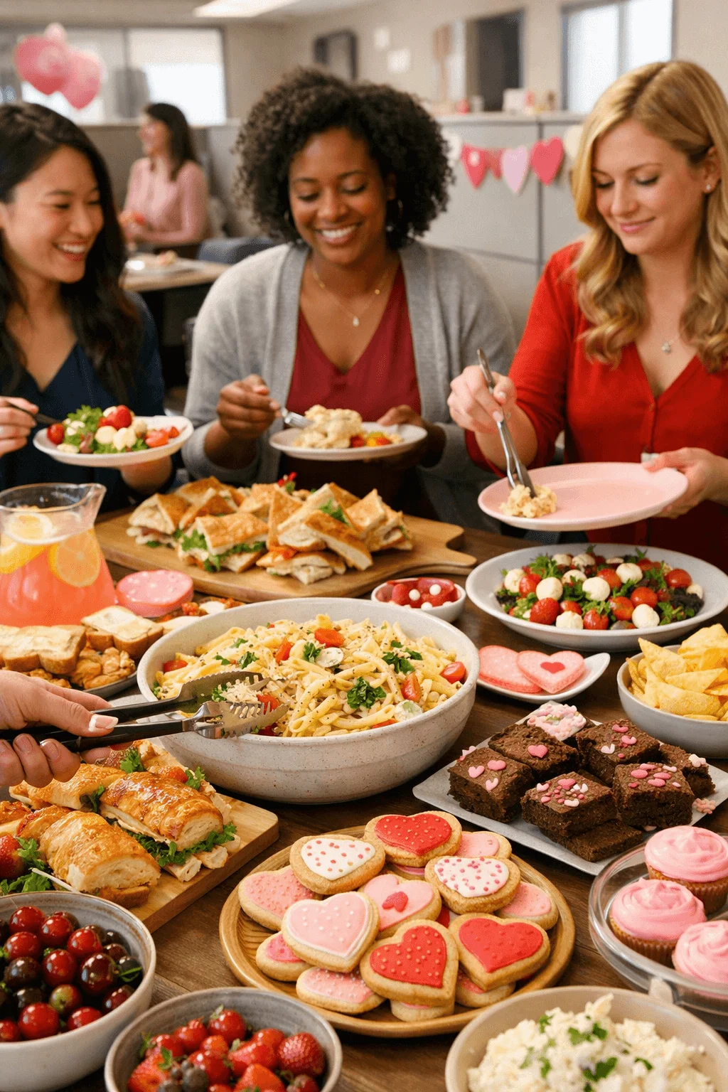 Galentine inspired office lunch with coworkers enjoying pasta salads sandwiches heart shaped cookies and Valentine themed desserts