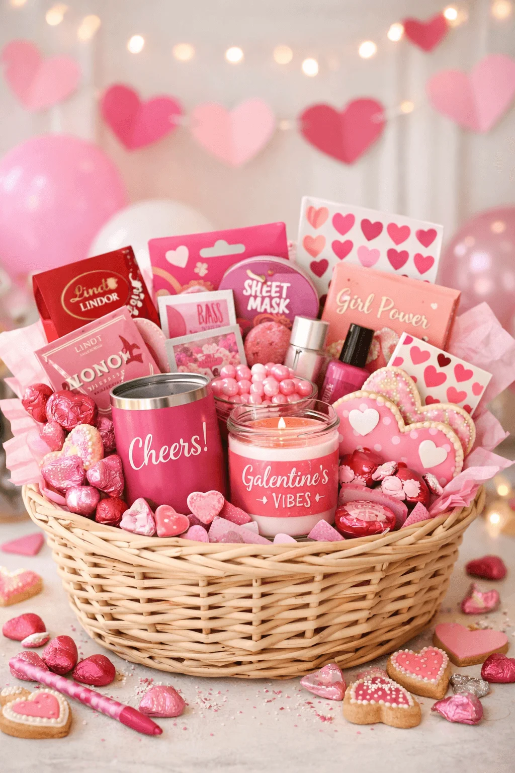 Galentine’s Day gift basket with pink themed treats chocolates cookies candles face masks mugs and heart decorations arranged in a wicker basket with festive balloons and lights in the background