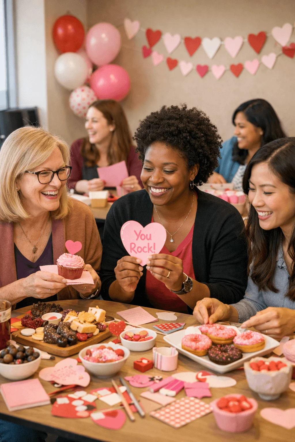 Coworkers smiling and sharing desserts while holding heart shaped notes during a Valentines Day office celebration