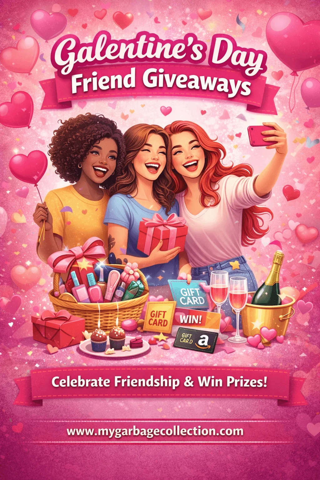 Galentine’s Day friend giveaways illustration showing three happy friends taking a selfie holding gifts surrounded by pink hearts balloons beauty gift basket cupcakes champagne gift cards festive decorations celebration banner and website URL at the bottom