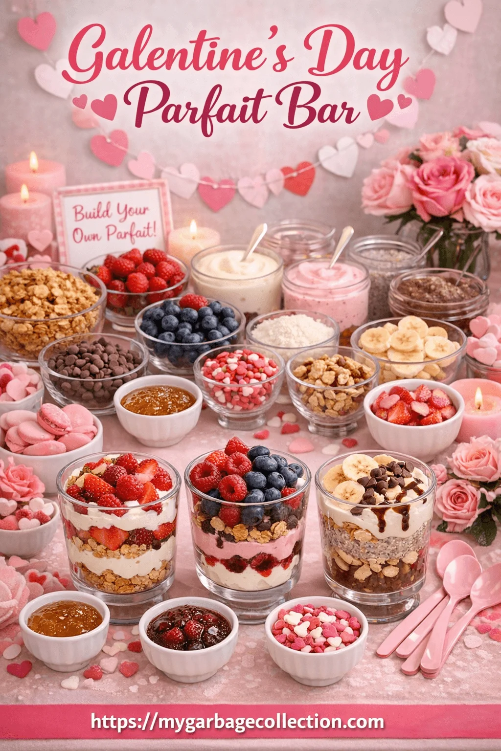 Galentines Day parfait bar with yogurt granola berries chocolate chips nuts sauces and layered parfait cups on a pink Valentine themed table with hearts candles flowers and website mygarbagecollection.com