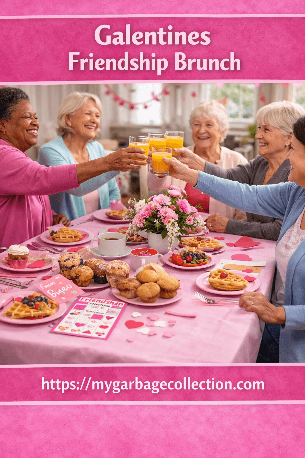 galentines friendship brunch with senior women sharing smiles and raising glasses over a festive pink table filled with brunch foods in a senior living community