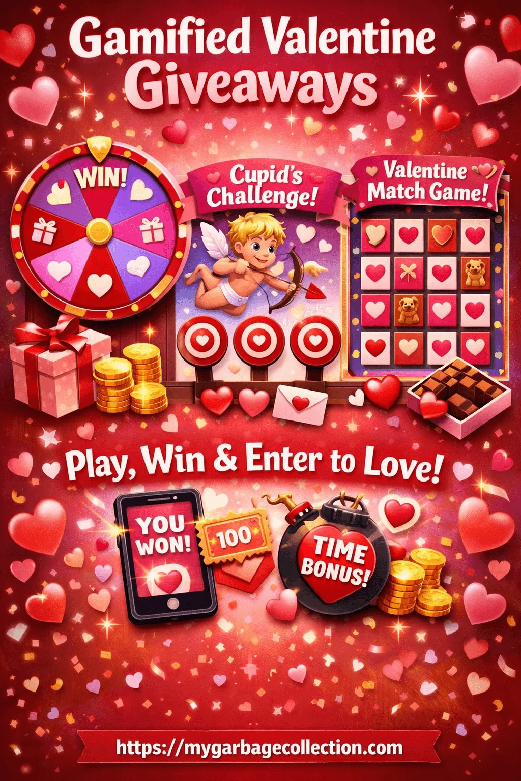 Gamified Valentine giveaways illustration showing spin to win wheel cupids challenge Valentine match game hearts gifts coins chocolates mobile prize screen time bonus icons festive red background and website URL at the bottom