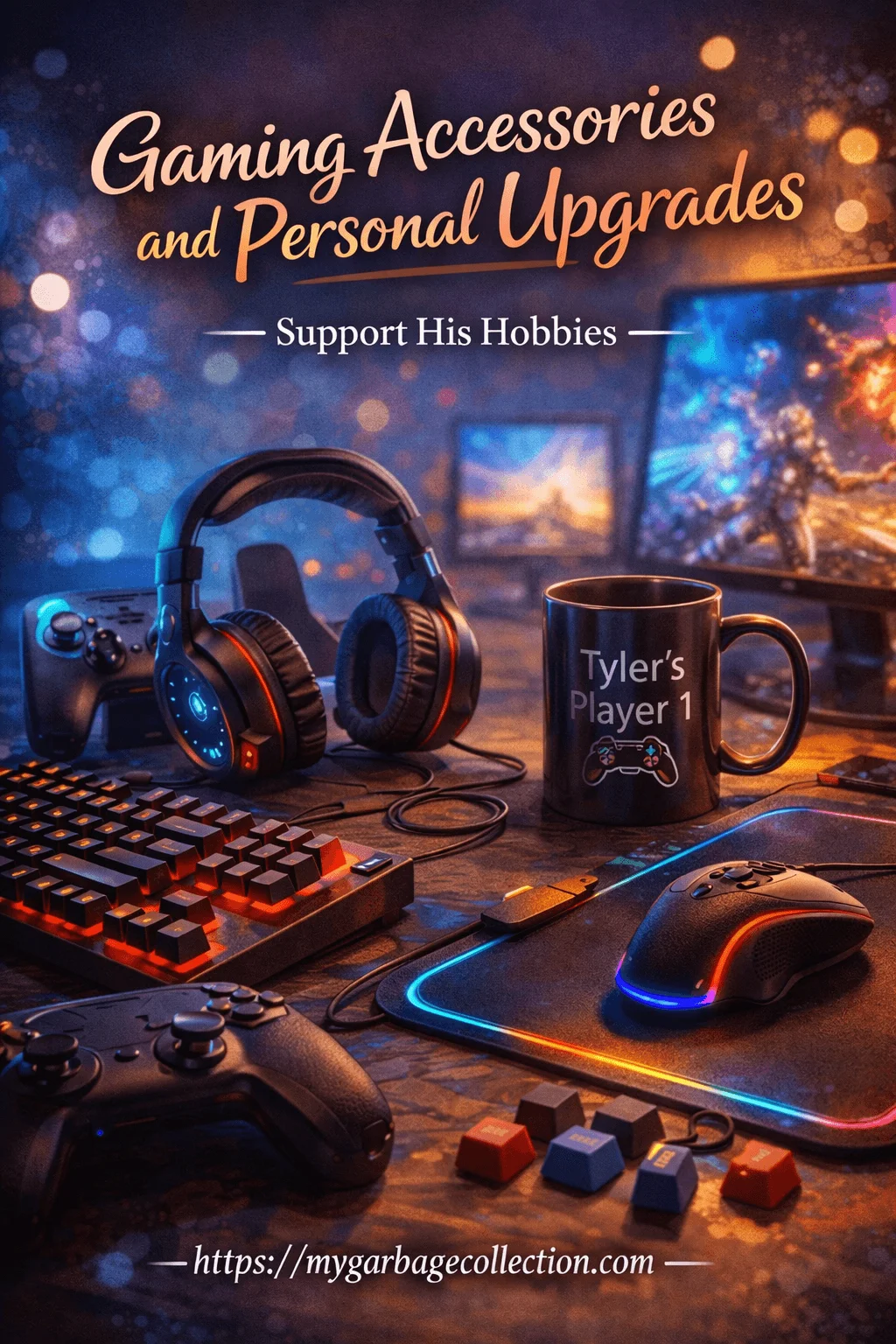 Gaming accessories and personal upgrades arranged on a desk including a mechanical keyboard gaming mouse mouse pad headphones controllers and a personalized mug reading Tyler’s Player 1 with glowing screens in the background text reading gaming accessories and personal upgrades support his hobbies at the top and a website link at the bottom
