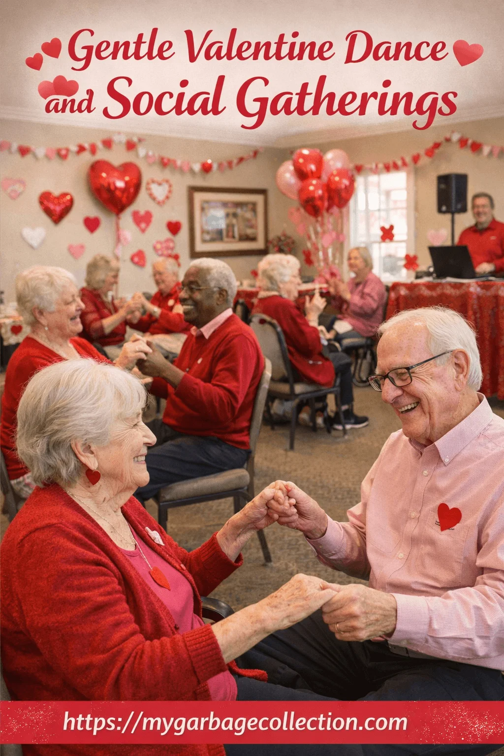 Gentle Valentine dance and social gatherings showing seniors smiling and holding hands while dancing seated and standing in a heart decorated room with balloons music and a joyful festive atmosphere