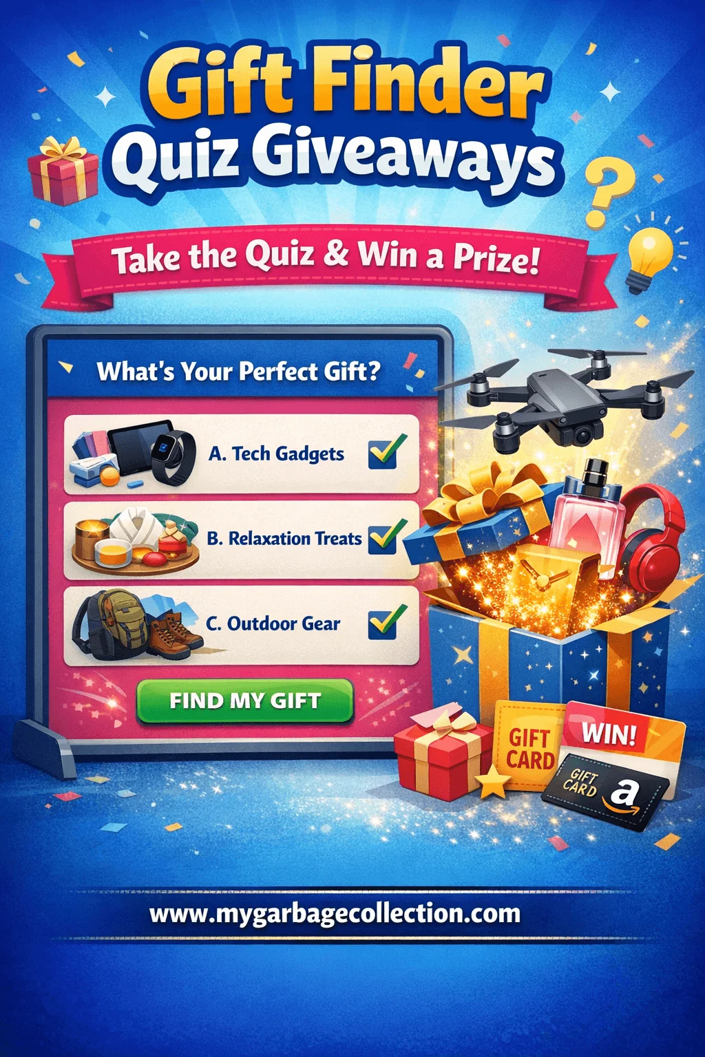 Gift finder quiz giveaways featuring an interactive quiz screen with gift options tech gadgets relaxation treats and outdoor gear alongside a prize box with electronics perfume headphones gift cards confetti and a website URL at the bottom