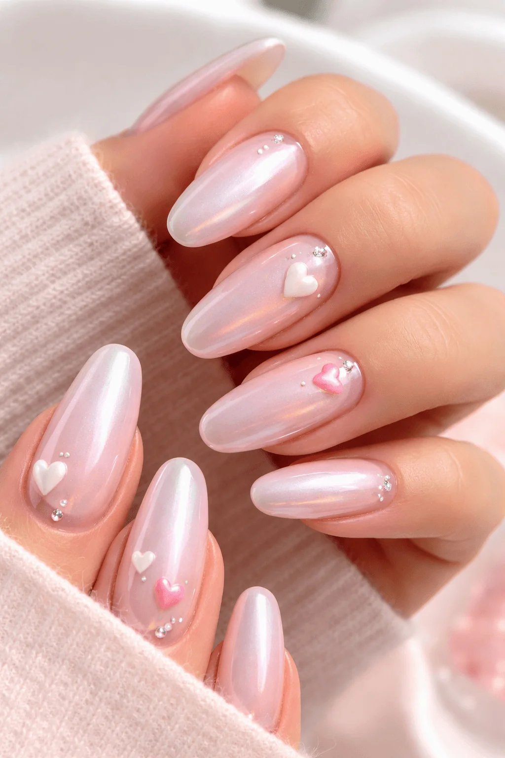 Close up of a hand with glossy pearlescent pink almond shaped nails featuring tiny heart accents in white and pink with small rhinestones and a soft cozy background