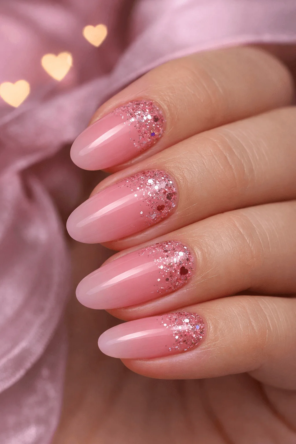 Close up of a hand with glossy pink ombre almond shaped nails featuring sparkling glitter fade tips and a soft romantic background