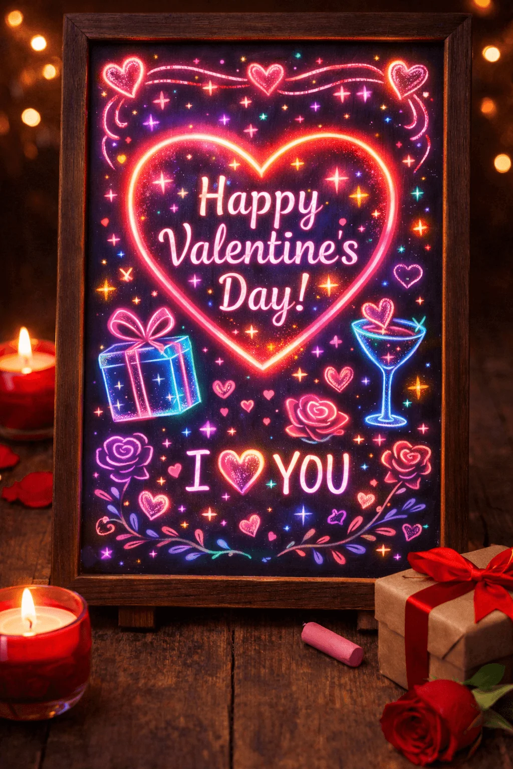 This image features a glowing neon-style chalkboard sign that reads “Happy Valentine’s Day!” and “I ♥ You,” surrounded by bright hearts, stars, roses, a gift box, and a cocktail glass. It’s framed in wood and set on a table with candles, chalk, and a wrapped gift, creating a warm, romantic atmosphere.