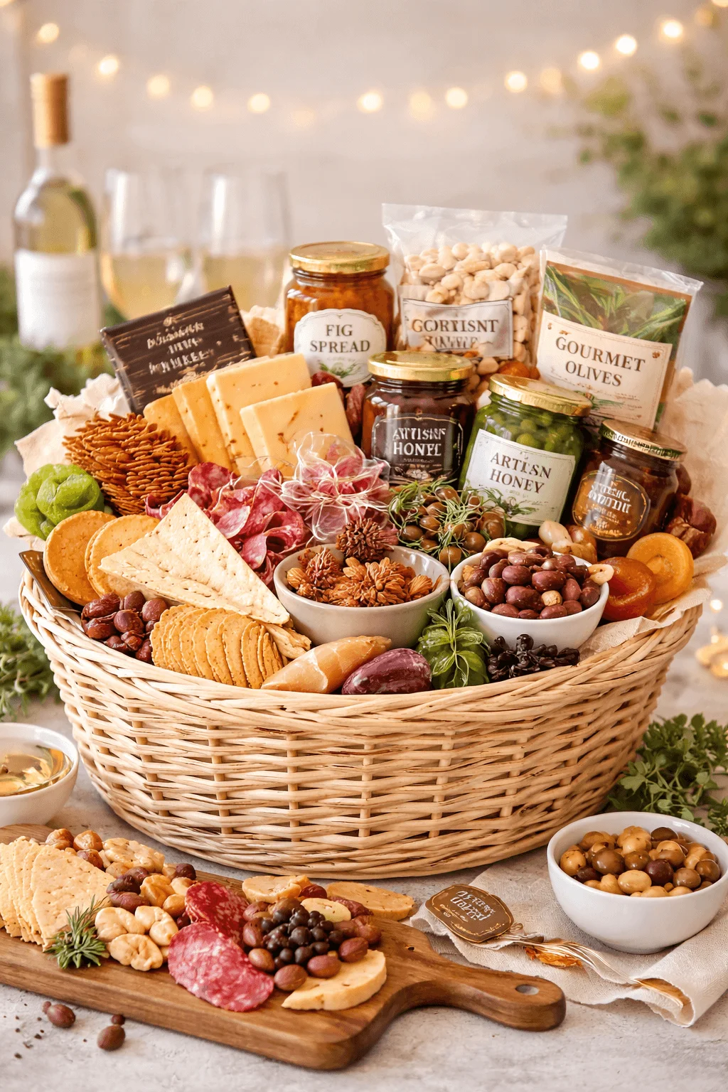 gourmet snack board gift basket with artisan cheeses crackers cured meats olives fig spread honey mixed nuts dried fruits chocolate and charcuterie board items arranged in a wicker basket with wine glasses in the background