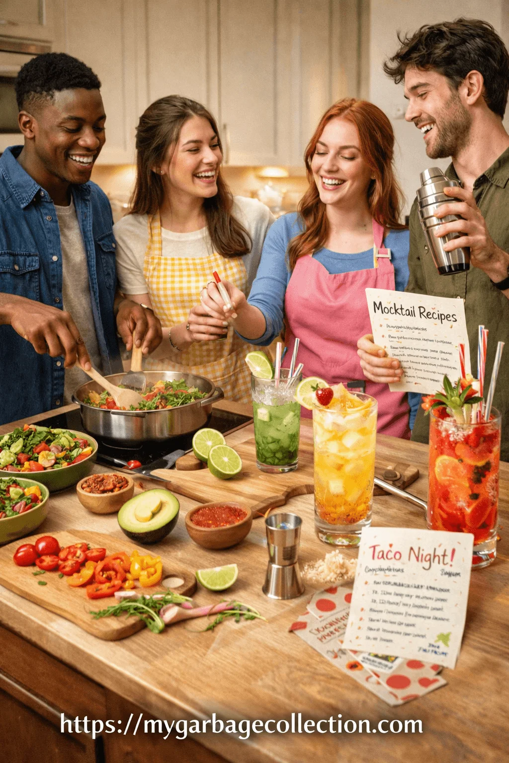 Friends cooking together in a kitchen while preparing taco night dishes and colorful mocktails with fresh ingredients recipe cards and drinks creating a fun interactive group cooking and mocktail making session at home
