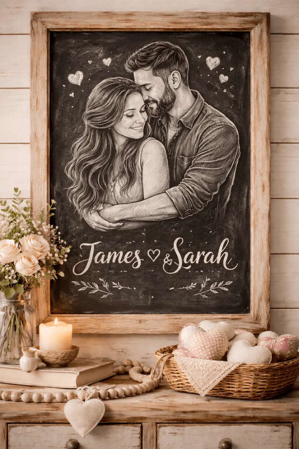 Chalkboard-style hand-drawn portrait of a couple embracing, with the names “James & Sarah,” surrounded by hearts and romantic farmhouse décor including candles, flowers, and soft neutral accents.