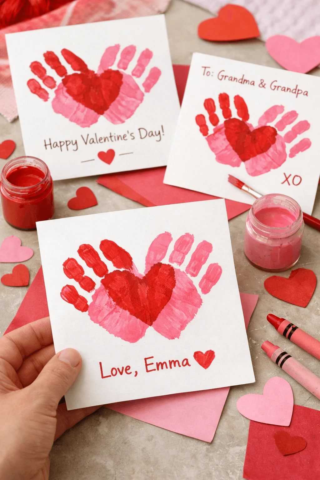 Hand holding a Valentine card with painted handprint hearts and the message Love Emma surrounded by paint jars crayons and heart cutouts on a craft table