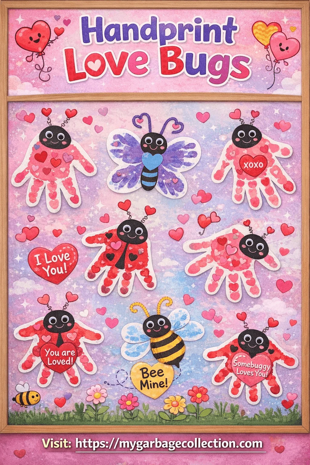 Handprint love bugs Valentine bulletin board for preschool featuring children handprint art turned into cute bugs butterflies and bees with heart messages promoting creativity love and fine motor skills