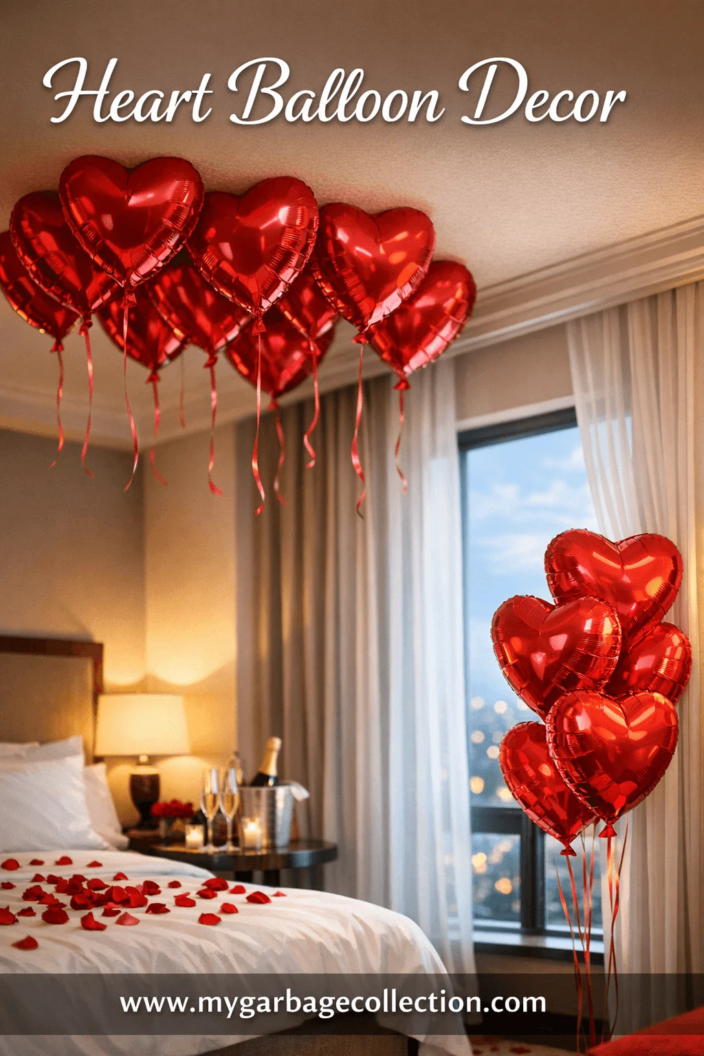 Romantic hotel bedroom decorated with red heart balloons rose petals on bed champagne glasses candlelight and cozy Valentine atmosphere