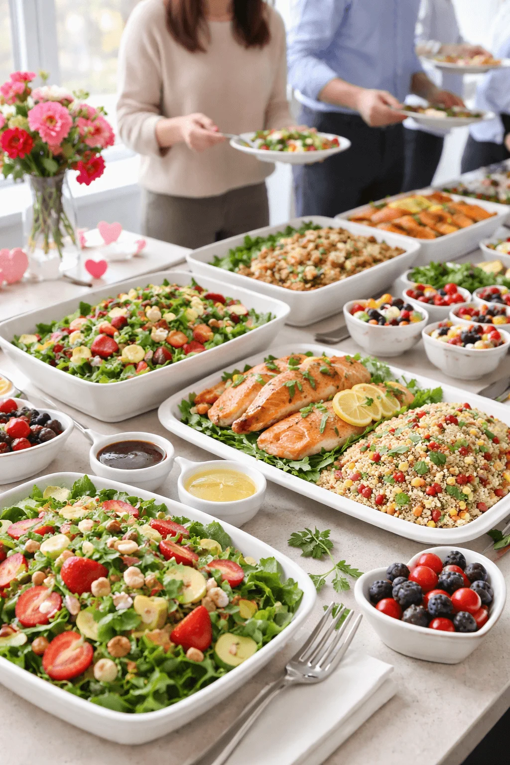 Heart healthy workplace lunch buffet with salmon quinoa salads fresh vegetables and fruit served in an office setting