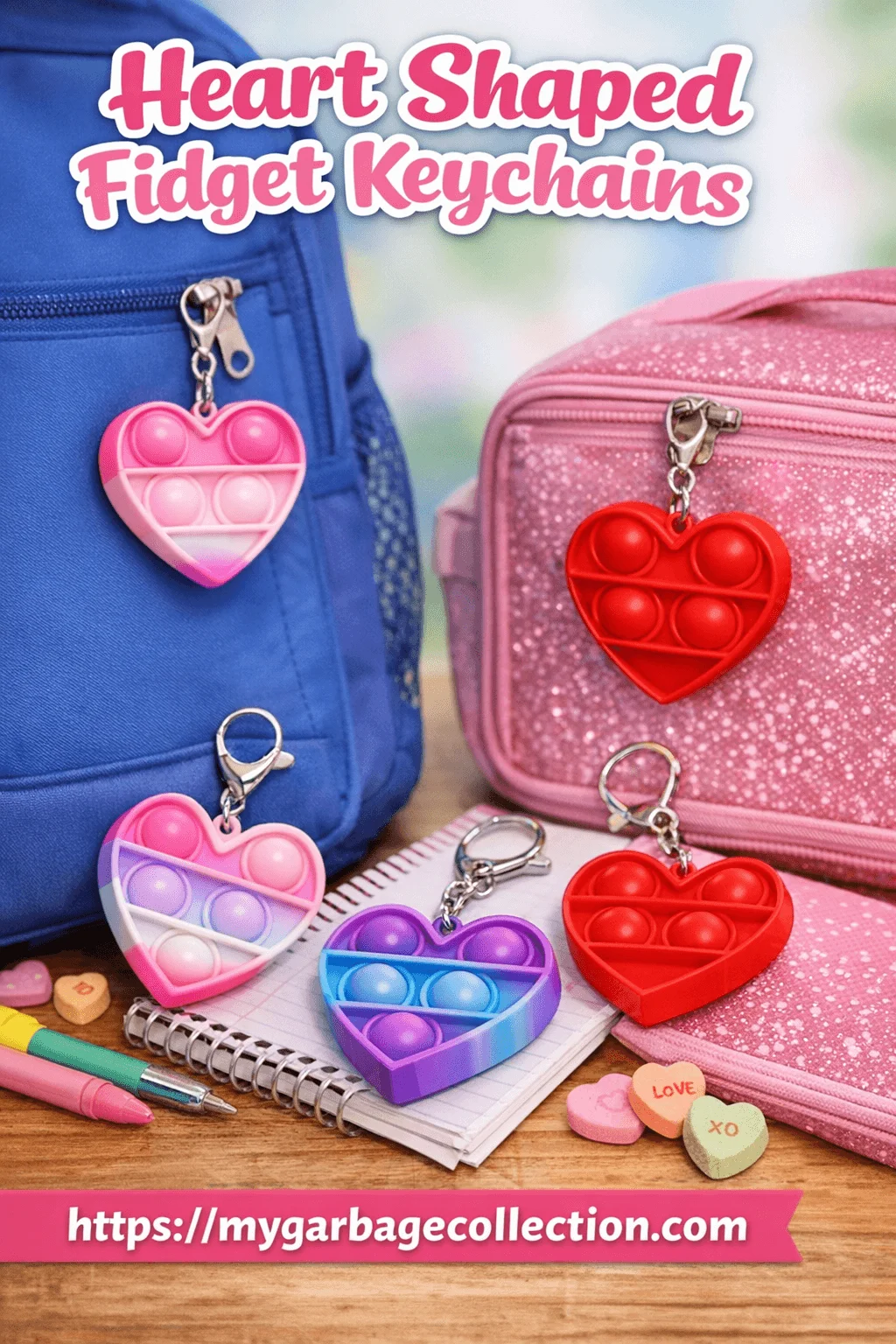 Heart shaped fidget keychains featuring colorful pop it hearts attached to backpacks pencil cases and school supplies as Valentine goodie bag gifts for kids