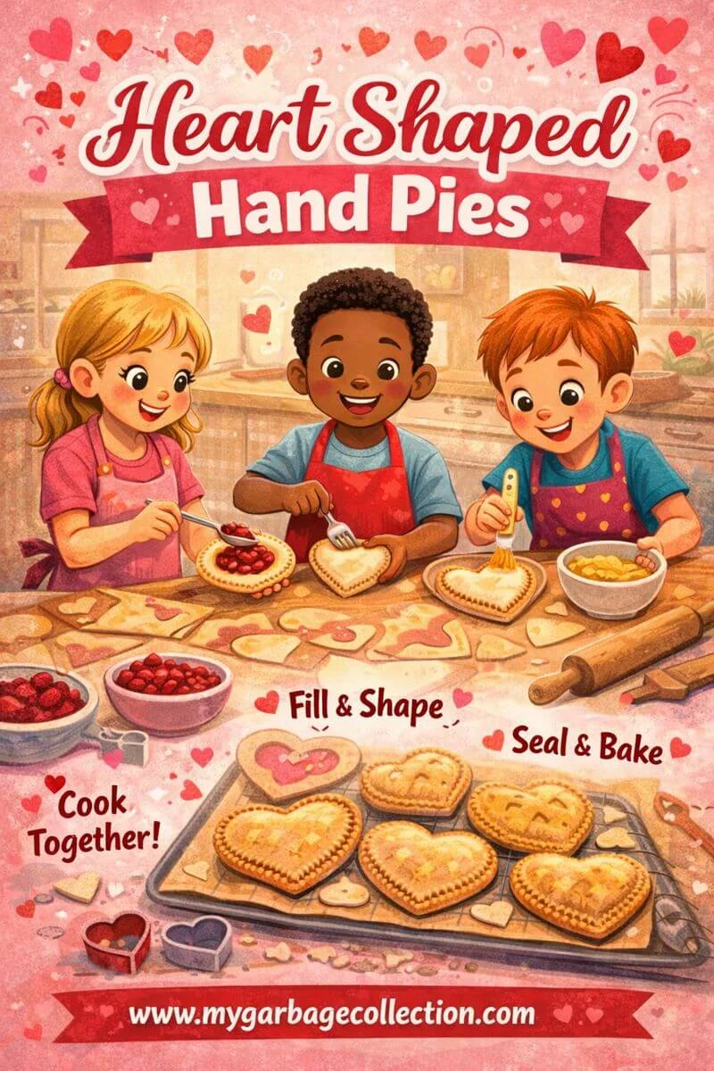 Heart shaped hand pies baking activity showing children filling sealing and baking Valentine themed pies together in a kitchen with heart decorations and mygarbagecollection.com displayed at the bottom