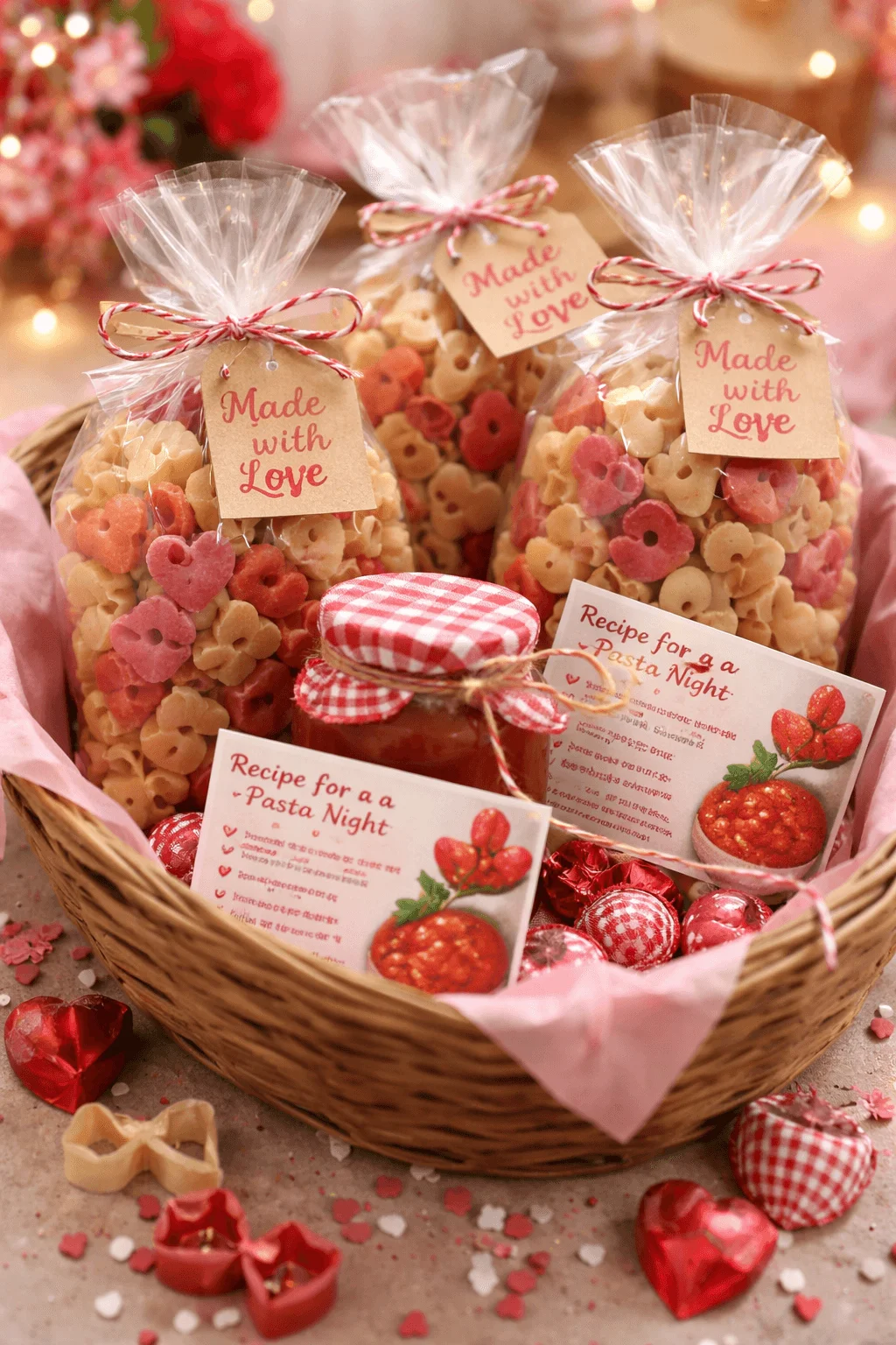 A Valentine themed gift basket with heart shaped pasta in clear bags labeled made with love, a jar of pasta sauce, recipe cards, and red and pink decorations on a festive table.