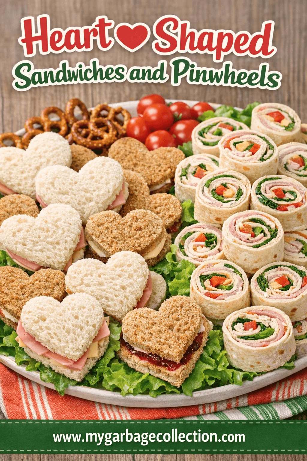 Heart shaped sandwiches and pinwheel wraps arranged on a platter with ham cheese lettuce tomatoes pretzels and fresh vegetables with festive Valentine themed text and website mygarbagecollection.com