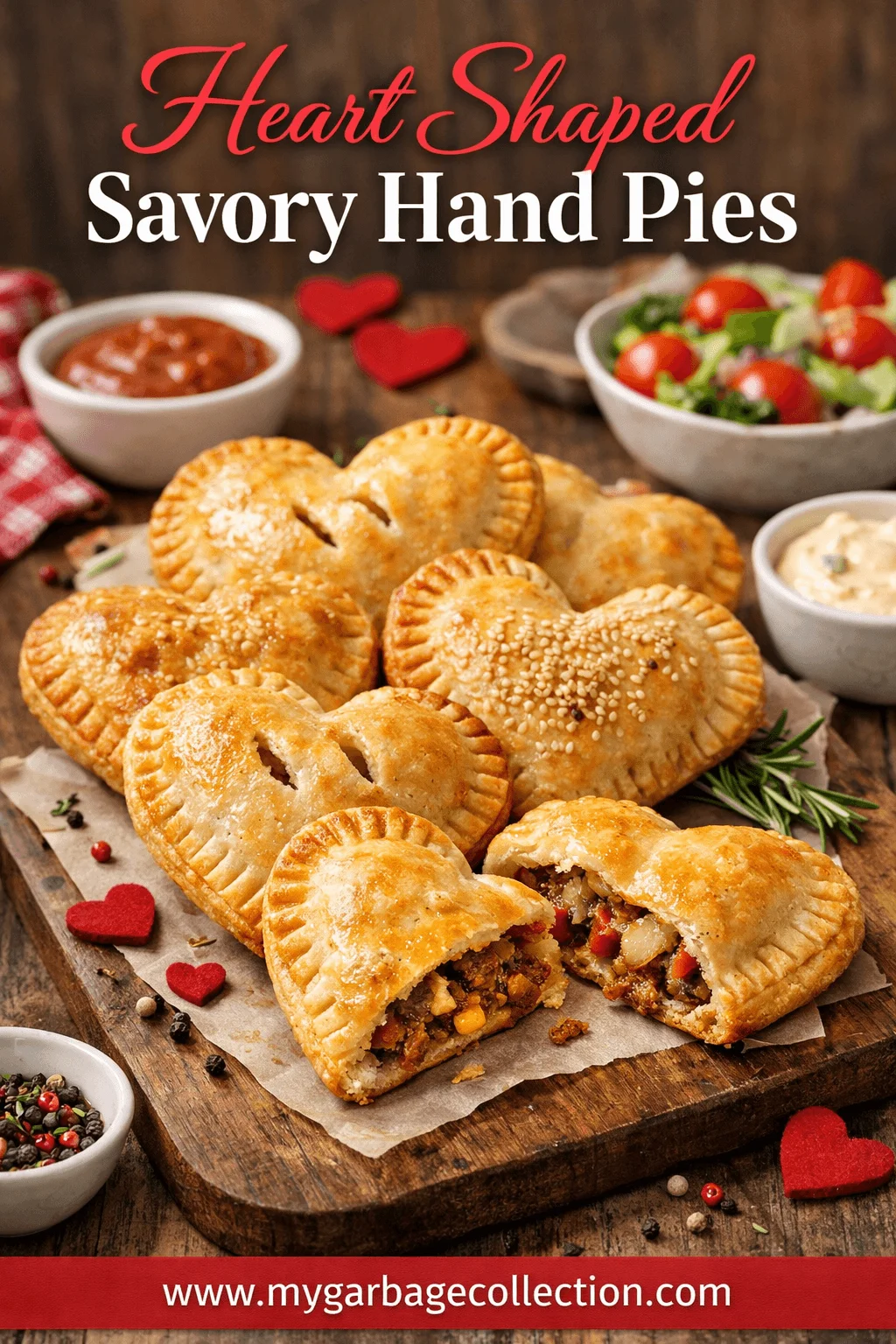 Heart shaped savory hand pies with golden flaky crust filled with vegetables and spices arranged on a rustic wooden board with dipping sauces herbs and Valentine themed text and website mygarbagecollection.com