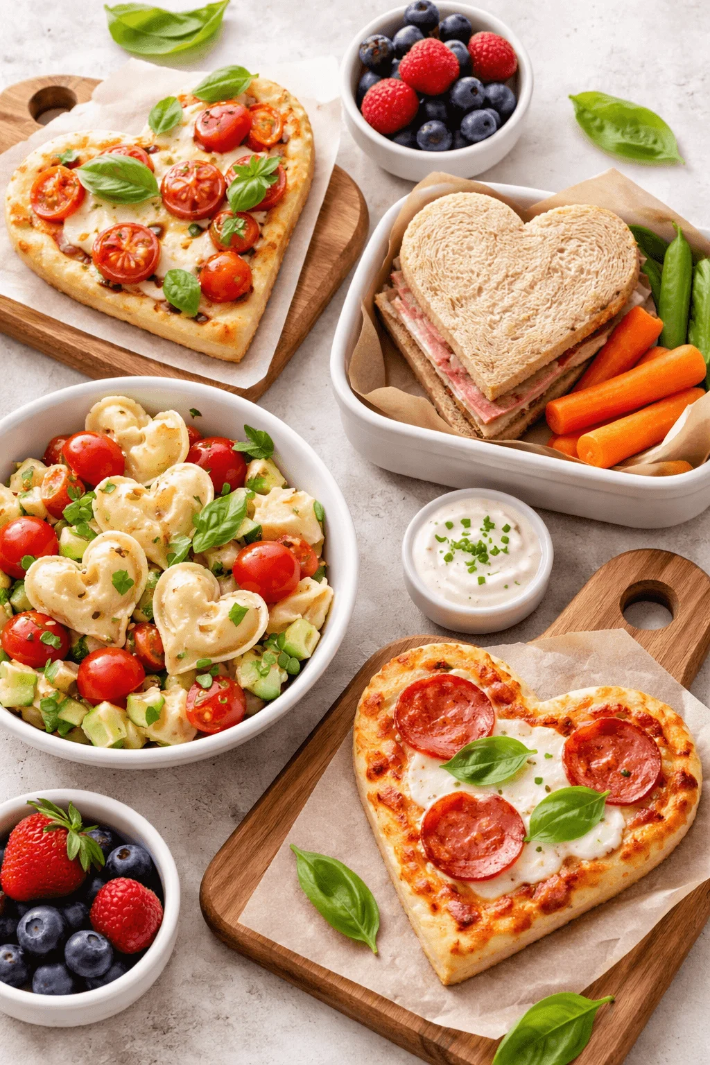 Heart shaped savory lunch items including pizza sandwiches pasta salad and fresh fruit bowls on a table